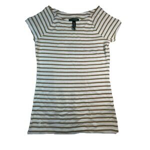 Lauren Ralph Lauren Womens Size M White Gold Striped Short Sleeve Shirt- EUC